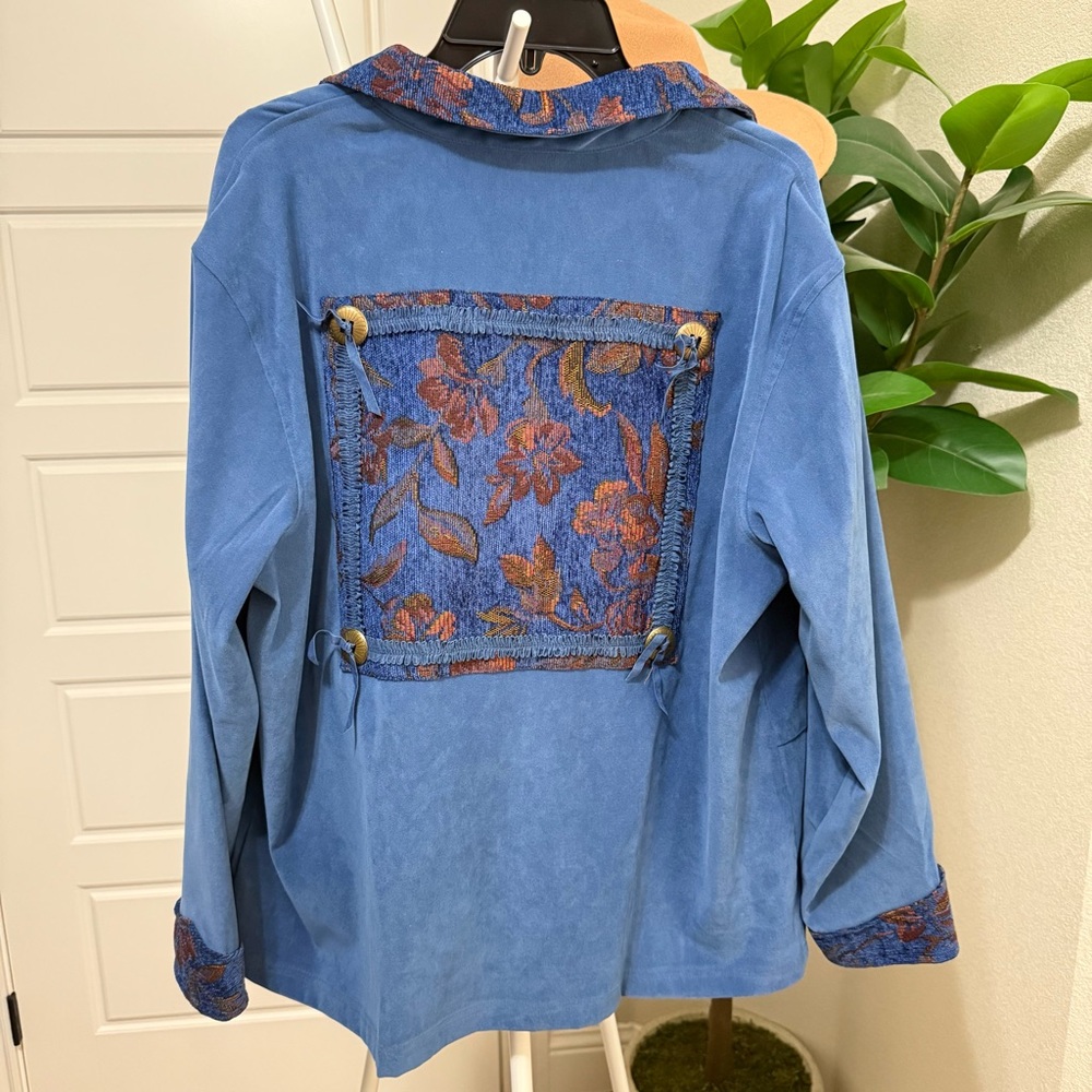 NWT Susan Graver Blue Western Utility Suede Jacket with Floral Tapestry Details